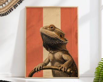 Bearded Dragon Portrait on Red Stripes Print, Whimsical Mid Century Animal Wall Art