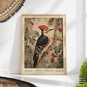 William Morris Woodpecker Print, Floral Bird Poster, Vintage Nature Wall Art