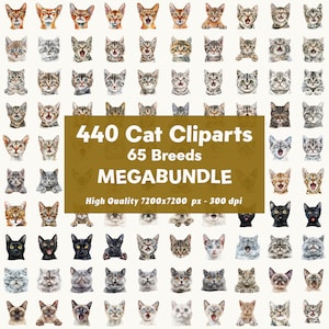 440 Gatos Paquete Cliparts Sublimación Acuarela Uso Comercial Archivos de Corte PNG