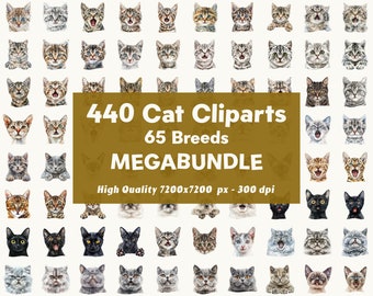 440 Cats Bundle Cliparts Sublimation Watercolor Commercial Use Cutting Files PNG