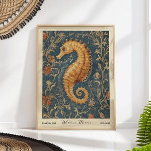 William Morris Seahorse Print, Vintage Ocean Wall Art, Nautical Nature Decor