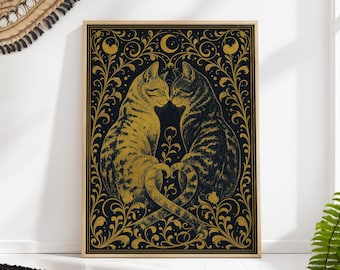 Two Gold Cats Nuzzling Under a Crescent Moon, Mystical Celestial Wall Art