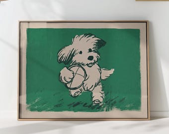 Playful Puppy Holding a Ball Line Art, Emerald Green Minimalist Dog Wall Art Print
