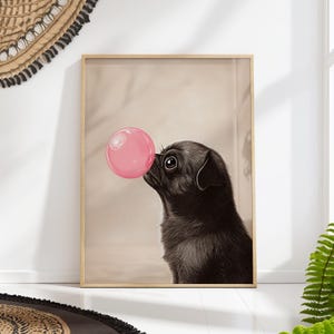 Funny Pug Bubble Gum Print, Cute Dog Wall Art, Whimsical Pet Poster, Kawaii Animal Decor
