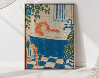 Ginger Cat in Clawfoot Bubble Bath Print, Blue and Orange Riso Style