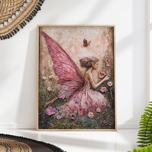 Fairy Butterfly Painting Print, Pink Whimsical Fantasy Wall Art Enchanting Nature Artwork PRINTED on Luxury Paper