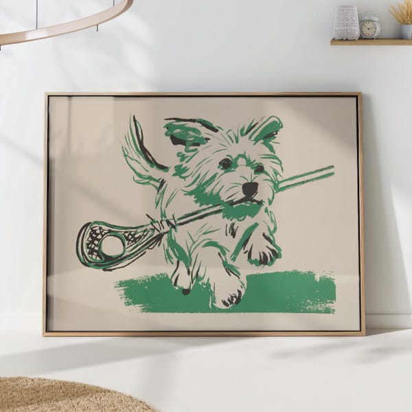 Dog Carrying Lacrosse Stick Print Green Ink Sketch Wall Art