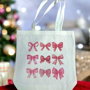 Pink Bow Canvas Tote Bag: Eco-Friendly Shopping Bag