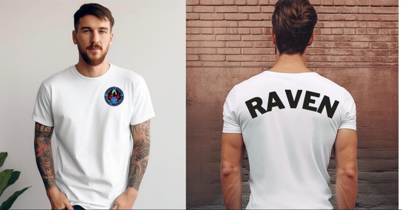 May include: White t-shirts with graphic designs. One shirt has a circular emblem on the front. The other shirt has the word "RAVEN" printed in large black letters across the back. Both shirts are short-sleeved.