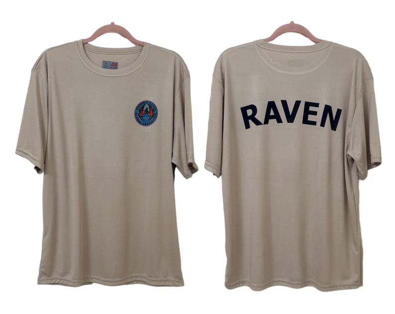 May include: Two-sided tan t-shirt. The front features a circular emblem with blue and orange accents. The back displays the word "RAVEN" in bold, black capital letters. The shirt is hanging on a pink hanger.