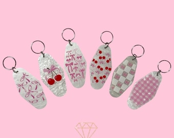 Motel Keychain Acrylic Pink Bow - Gingham - Girly Bag Charm - Cherry - Glitz & Glam AZ