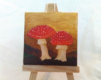 Forest Mushrooms, mini canvas & easel painting (3" x 5")