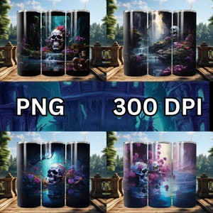 May include: Several stainless steel tumblers with various designs. The designs include skulls, waterfalls, and floral arrangements. The text "PNG 300 DPI" is visible on the image. Each tumbler has a straw.