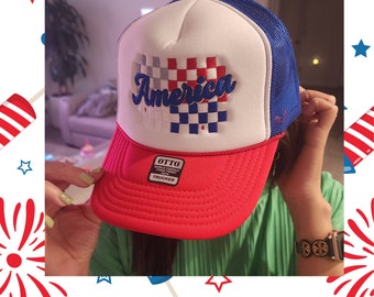 Embroidered America Trucker Cap Independence  Hat USA Trucker Hat Red White and Blue Foam Front Trucker Hat 4th of July Merica Baseball Hat