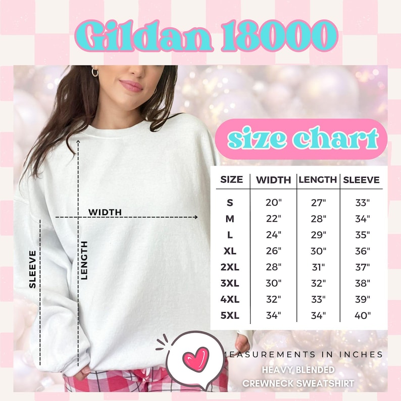 A size chart for a Gildan 18000 heavy blend crewneck sweatshirt, showing width and length measurements for sizes S through 5XL, with a white sweatshirt in the background.