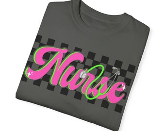 Retro Checkered Nurse Shirt, Trendy Neon RN Comfort Colors Tee