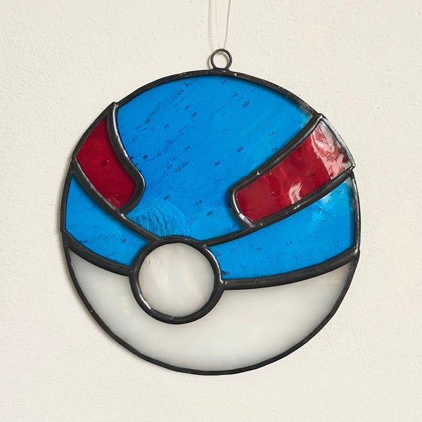 Great Ball - Poké Ball Stained Glass Sun Catcher, Pokémon Fan Art, Modern Stained Glass Panel, Sun Catcher, Window Hanging, Gifts for Gamers