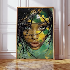 Jamaican Woman Face Art Print – Afro-Caribbean Beauty with Flag | Bold Melanin Wall Art | Digital Download