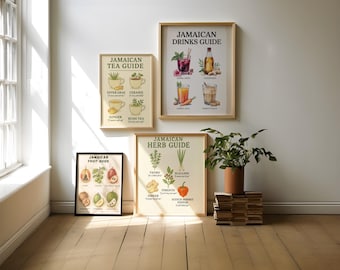 Arte mural de cocina jamaiquina / Láminas de comida caribeña / Frutas, hierbas, tés y bebidas / Set de 4 piezas de descarga digital