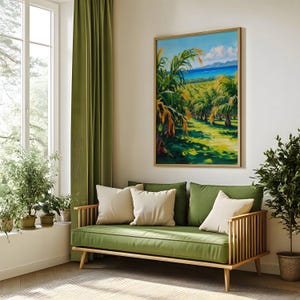 Landscape Print Painting |Jamaica Wall Art Sugarcane Farm Painting - Tropical Landscape with Beach View - Island Art