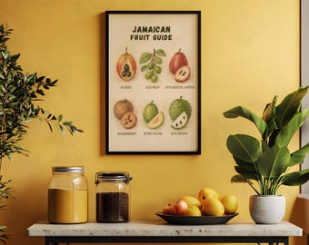 Guía de frutas jamaicanas / Arte mural de cocina caribeña / Póster de comida tropical / Decoración isleña imprimible / Descarga digital