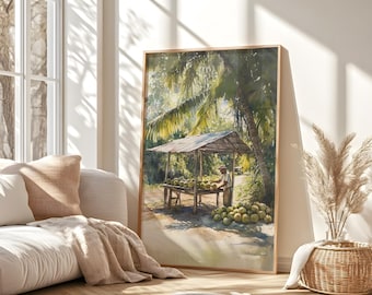 Caribbean Wall Art Printable | Coconut Vendor Market Scene | Jamaican Tropical Home Decor Digital Download