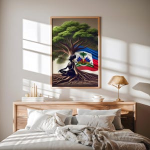 Haitian Flag Art Print: Woman Under Tree, Afro-Caribbean Decor (Digital Download)