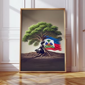 Haïtiaanse vlag erfgoed kunstafdruk | Vrouw onder boom met Haïtiaanse vlag | Op het Caribisch gebied geïnspireerde muurkunst|Afrocentrische muurkunst| Vlagkunst