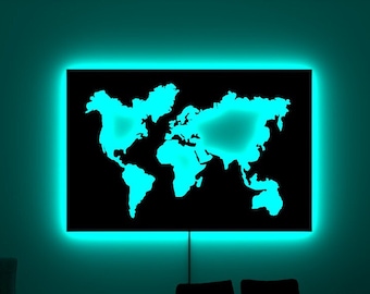 World Map Lighted Up Wall Sign, RGB Led Lights, Wood Wall Decor, Home Design, Custom Wall Sign, Personalized Gifts
