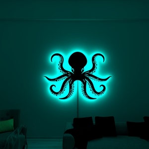 Octopus Wooden Wall Art, Octopus Wall Decor,  Led Light Wall Decor, Home&Living Room Decor, Birtday Gift