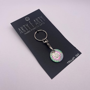 Trolley coin keyring with hand painted coin (size of UK 1 pound coin)