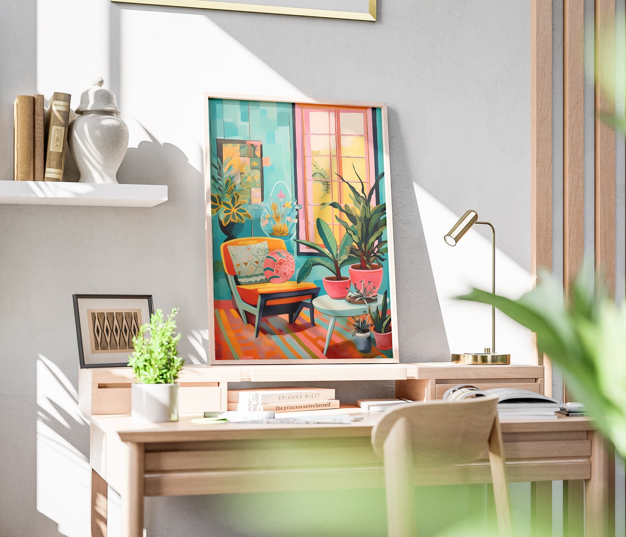 Colorful Mid Century Modern Interior Painting, Eclectic Room Interior