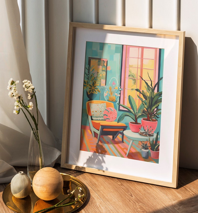 Colorful Mid Century Modern Interior Painting, Eclectic Room Interior