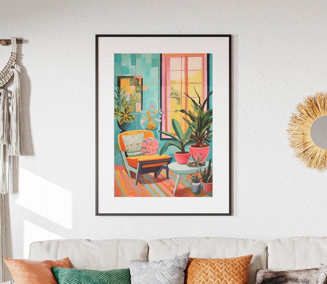 Colorful Mid Century Modern Interior Painting, Eclectic Room Interior