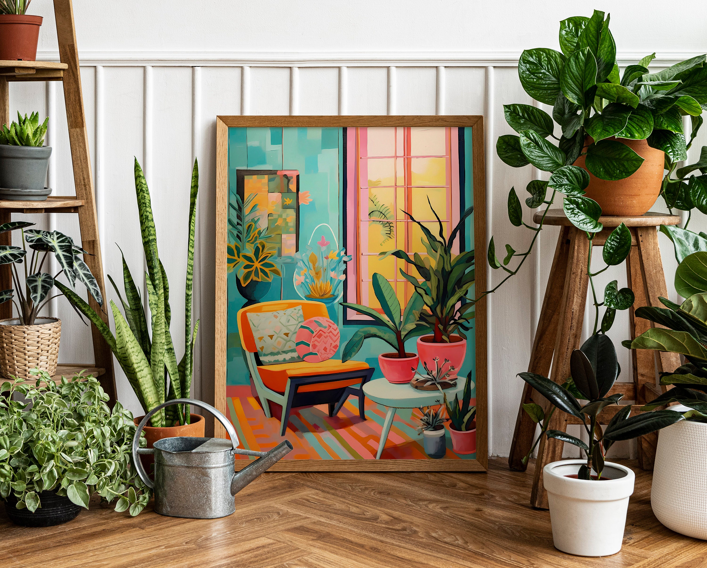 Colorful Mid Century Modern Interior Painting, Eclectic Room Interior