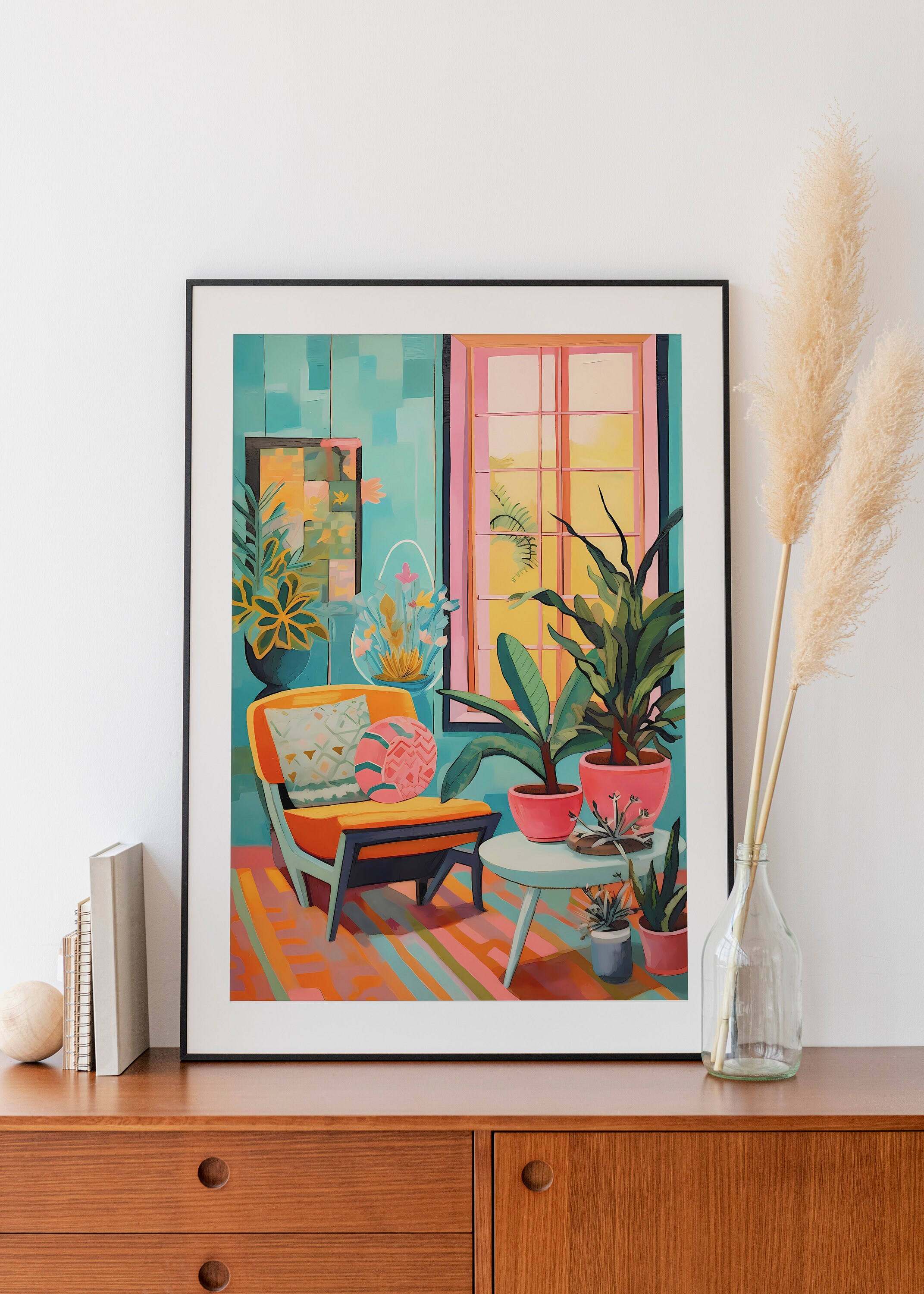 Colorful Mid Century Modern Interior Painting, Eclectic Room Interior