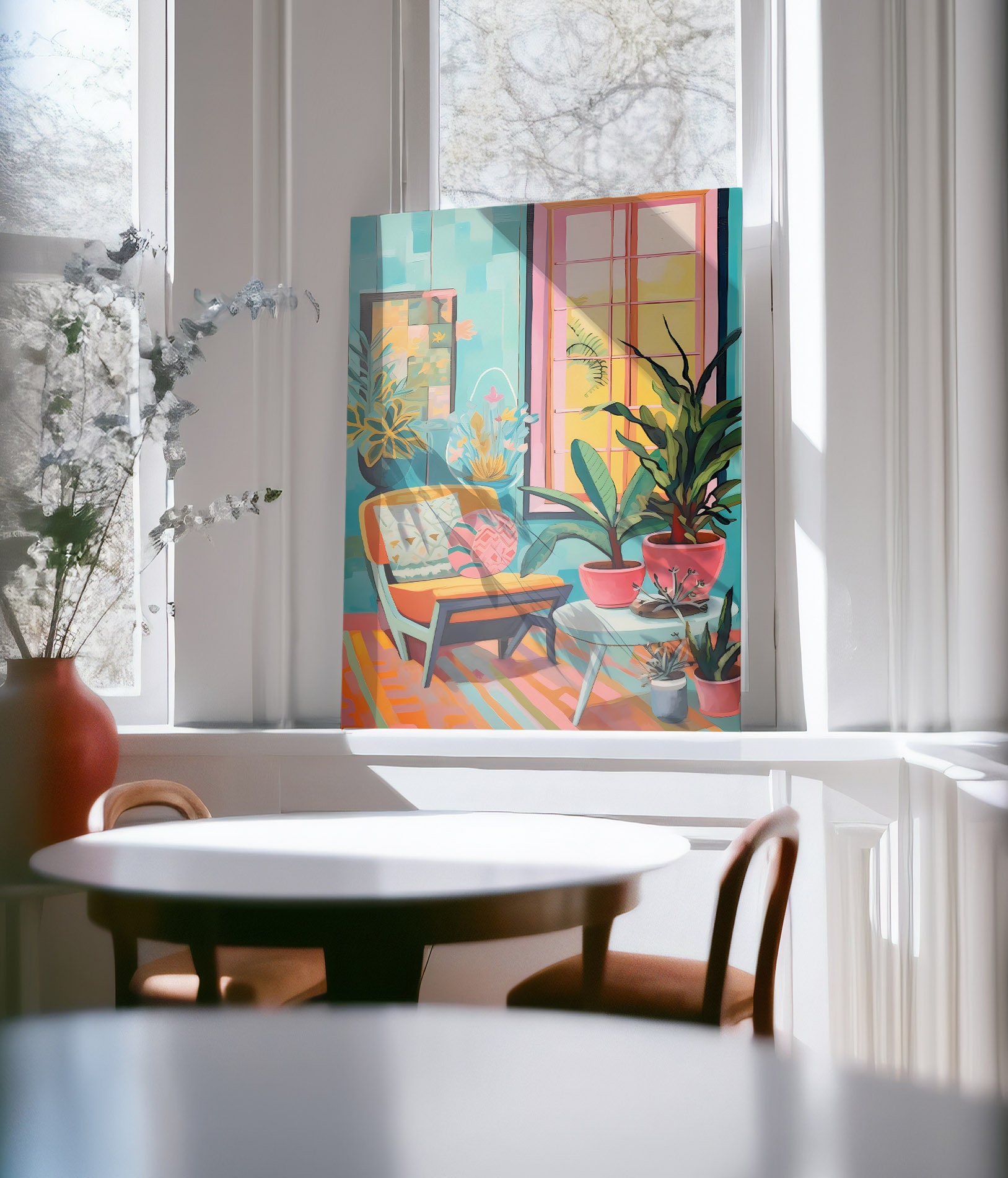 Colorful Mid Century Modern Interior Painting, Eclectic Room Interior