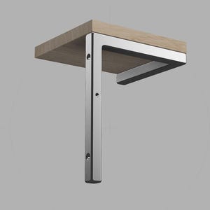 May include: A silver metal shelf bracket with a wooden shelf. The bracket has four holes for mounting.