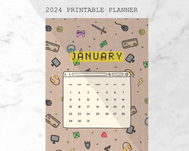Classic Gamer printable 2024 calendar cartoon and colorful Etsy México