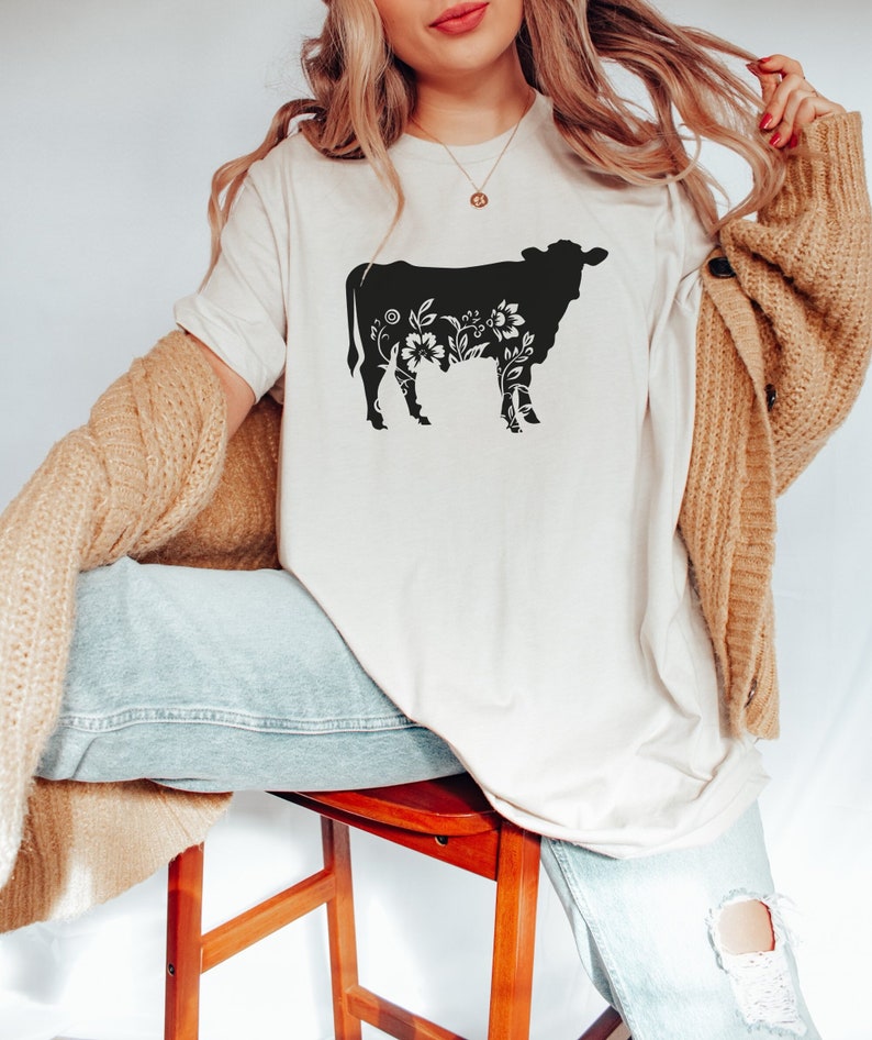 Floral Cow Silhouette T-shirt, Farm Animal Flower Design Tee, Nature ...