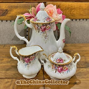 Royal Albert Autumn Rose Coffee Pot Set - Made in England, Vintage English Bone China