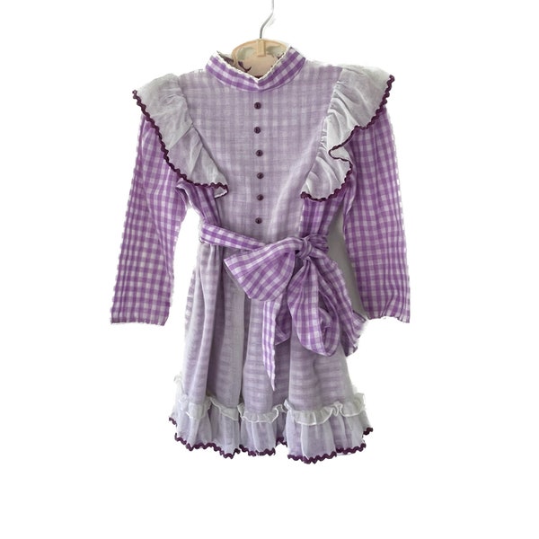 Vintage 1970 Kate Greenaway Gingham Collared Apron Girls Dress (Girls Sz 5) Girls Farm Dress | Ruffles & Lace Trim