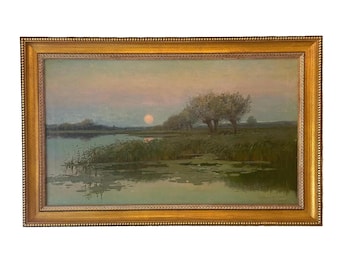 ジョン・ノーブル・バーロウ作、1891年、トーナリズム油彩画、ライスオルドの画家、コロニー、大型アンティーク金箔額縁