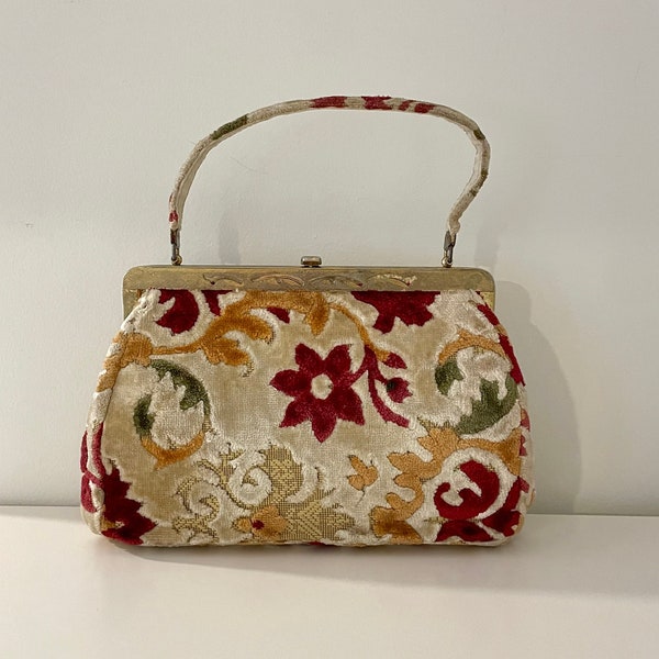 Bolso de alfombra floral vintage de los años 60, bolso JR USA Tapestry Kisslock, moda de mediados de siglo