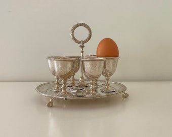 Antiker Elkington-Mengenständer für sechs Eierbecher, versilberte Frühstücks-Servierschale, viktorianisches englisches Wohndekor
