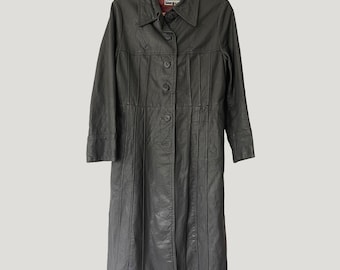 Vintage 70s Gray Leather Trench Coat Long Mod Duster Paneled Suburban Heritage Jacket