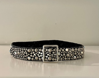 Vintage Black Silver Stud & Crystal Leather Belt | Celebrity