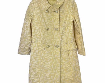 Bullock’s Pasadena Victorian Room 1960s Lemon Brocade Mod Coat, Double-Breasted Rhinestone Dome Buttons