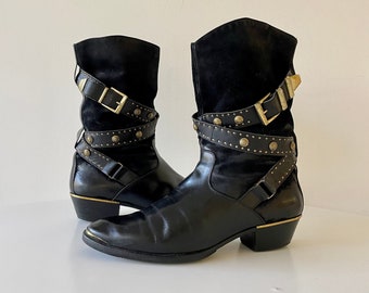 Vintage 90's Gianni Versace Western Leather & Suede Boots With Gold Metal Medusa And Wrap Belted Detail, Women's Size 10 / Mens 8.5