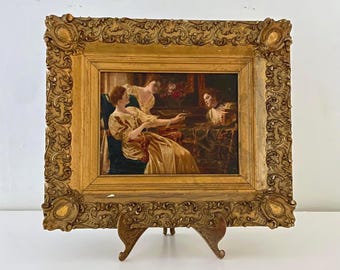 c1900 Victorian Salon Scene Chromolithograph Framed Antique Wall Art